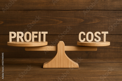 A wooden balance scale displays the words 'Profit' and 'Cost', symbolizing the critical evaluation of financial gains versus expenses in business decisions.