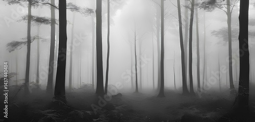 Misty forest background, black and white misty trees, mysterious and serene atmosphere.