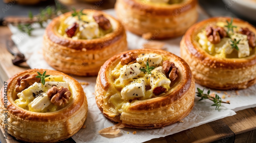 Golden savory mini tarts with thyme, chicken and walnuts on rustic wood Golden savory mini tarts with thyme, chicken and walnuts on rustic wood