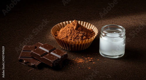 Dark chocolate pieces, cocoa powder in paper cup, and coconut oil jar on dark brown background
