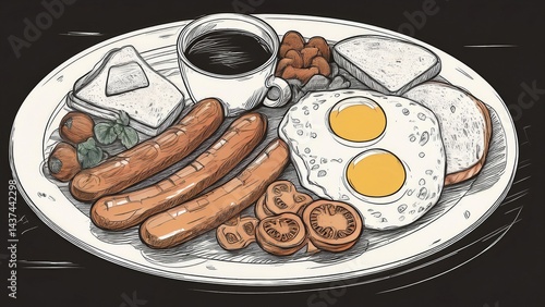 A full breakfast: sausages, fried eggs, tomatoes, mushrooms, fried bread, and tea.