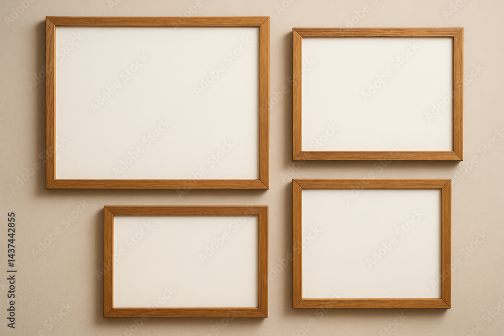 A collection of four empty wooden frames arranged on a beige wall, ideal for displaying artwork or photographs in a creative space. Perfect for home decor or inspiration. A collection of four empty wooden frames arranged on a beige wall, ideal for displaying artwork or photographs in a creative space. Perfect for home decor or inspiration.