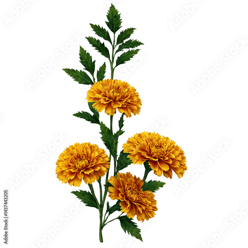 Bright marigold flowers with vibrant leaves isolated for transparent backgrounds transparent background isolated png stock