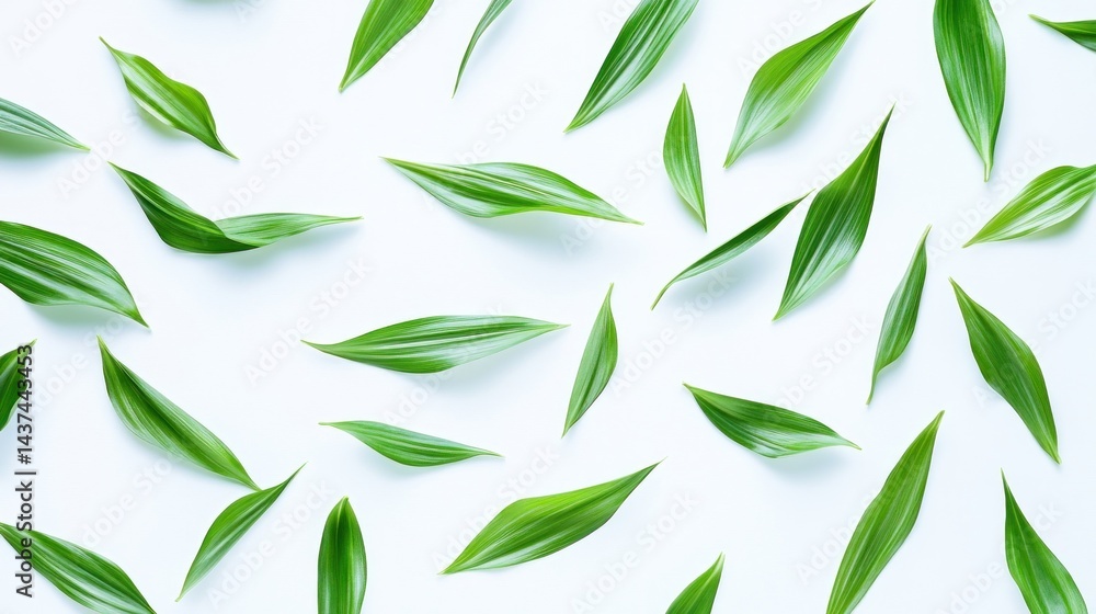 Fototapeta premium Fresh green leaves scattered on white background (1)