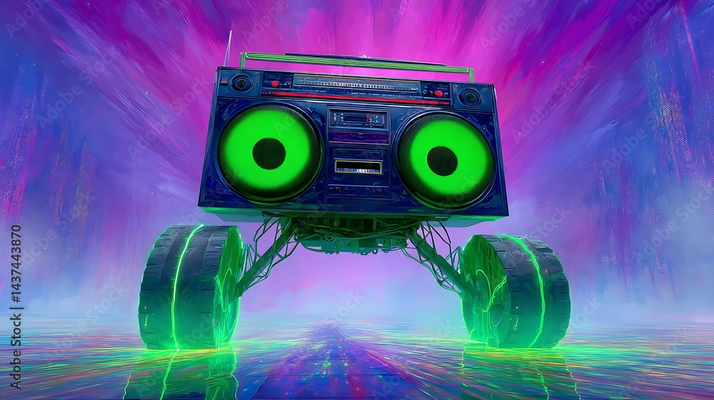 Fototapeta premium A futuristic boombox with glowing green wheels and speakers rolling across a colorful, glowing surface