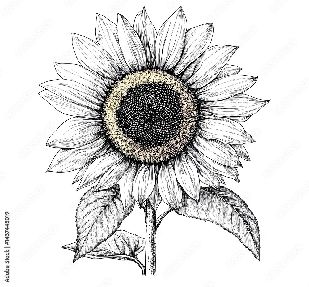 Fototapeta premium Hand-drawn vector illustration of a sunflower, a simple line art drawing with an ink pen in dark blue on a white background