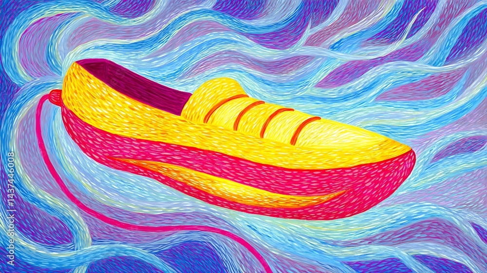 Obraz premium A yellow shoe floats in a vibrant, wavy background, suggesting movement and imagination