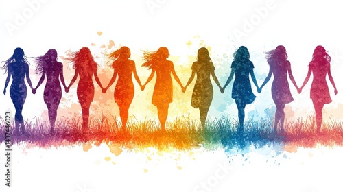 Silhouettes of diverse women holding hands in a vibrant rainbow gradient, symbolizing unity and friendship