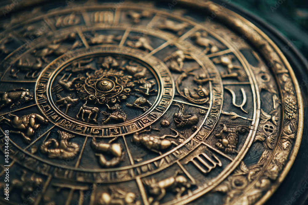 Close-up view of an ornate zodiac wheel featuring intricate symbols, highlighting astrological signs and craftsmanship in a dimly lit environment Close-up view of an ornate zodiac wheel featuring intricate symbols, highlighting astrological signs and craftsmanship in a dimly lit environment