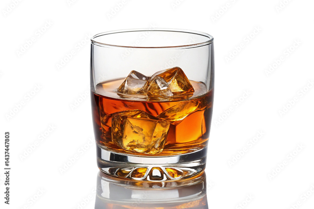 A glass of amber whiskey with ice reflects the cold liquid, an alcoholic scotch beverage isolated on white A glass of amber whiskey with ice reflects the cold liquid, an alcoholic scotch beverage isolated on white