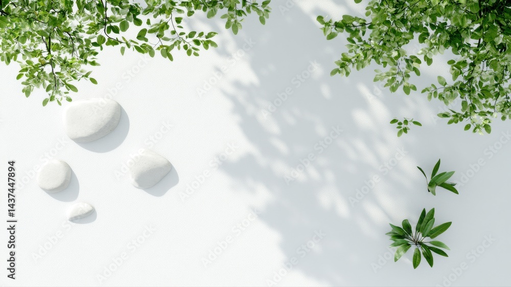Obraz premium Minimalist White Background with Stones and Greenery for Spa and Wellness white background stones