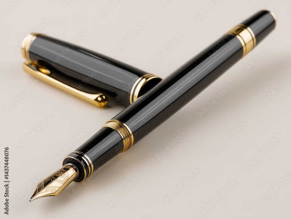 black fountain pen with gold trim, isolated on ivory background, luxury office supply, sharp detail black fountain pen with gold trim, isolated on ivory background, luxury office supply, sharp detail