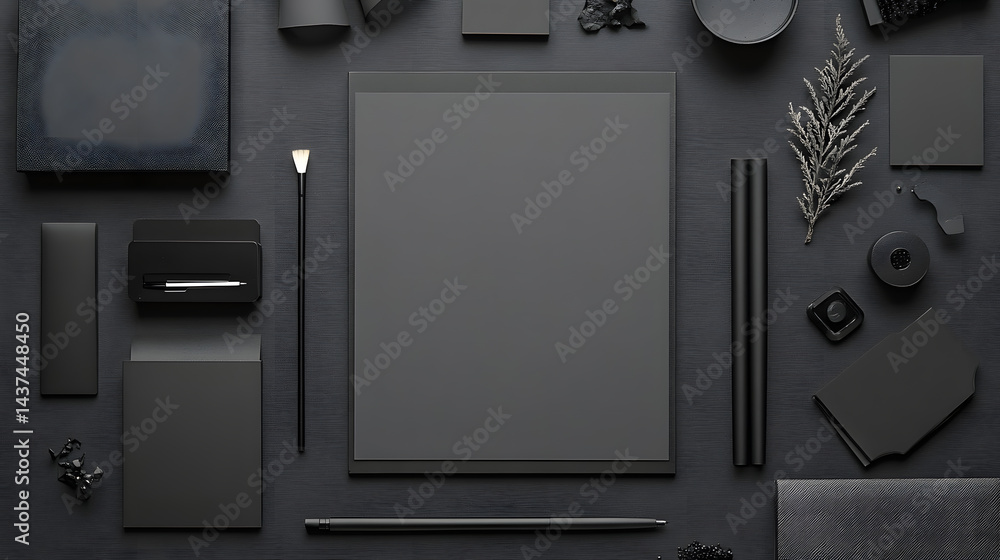 Elegant Monochrome Stationery Mockup: Dark Grey Branding Design Template Elegant Monochrome Stationery Mockup: Dark Grey Branding Design Template