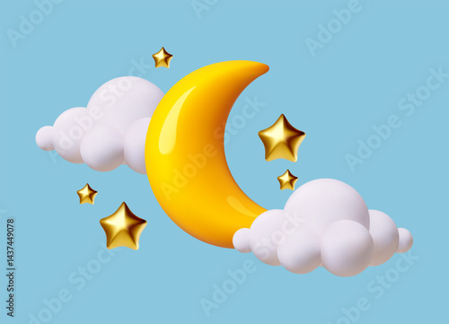 3D cartoon cute crescent moon with clouds and stars background. Soft night sky. Render style