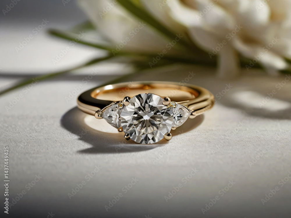 An elegant diamond engagement ring with a prominent solitaire, set on a slender gold band. An elegant diamond engagement ring with a prominent solitaire, set on a slender gold band.