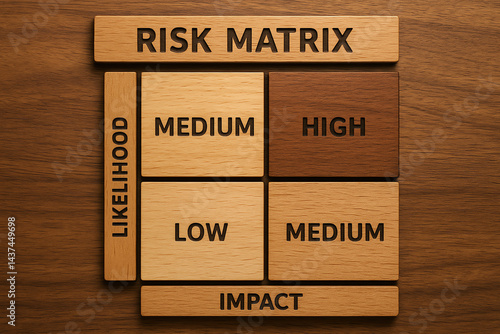 A wooden risk matrix illustrating likelihood and impact levels, essential for project management and strategic planning in businesses. Clear, concise, and visually engaging.