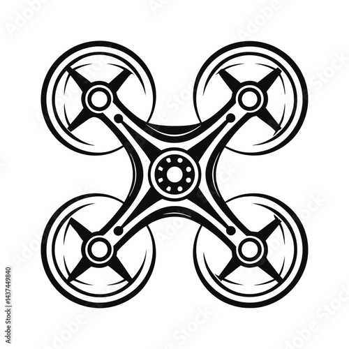 Stylized Black & White Drone with Quadcopter Design Isolated on White