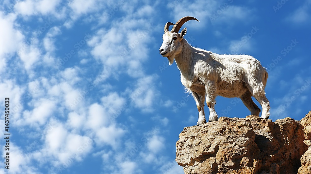 Fototapeta premium White goat on mountain top under a blue sky. Possible use Nature Stock Photo