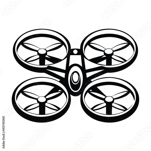 Drone Silhouette with Propellers, Aerial Vehicle Icon, Remote Controlled Quadcopter Design