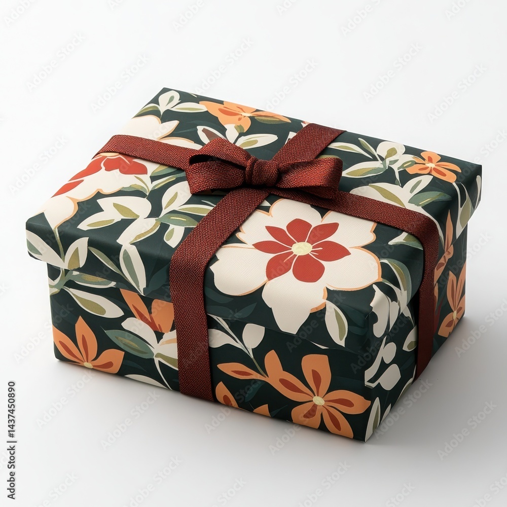 Beautifully wrapped gift box featuring floral patterns and a ribbon.