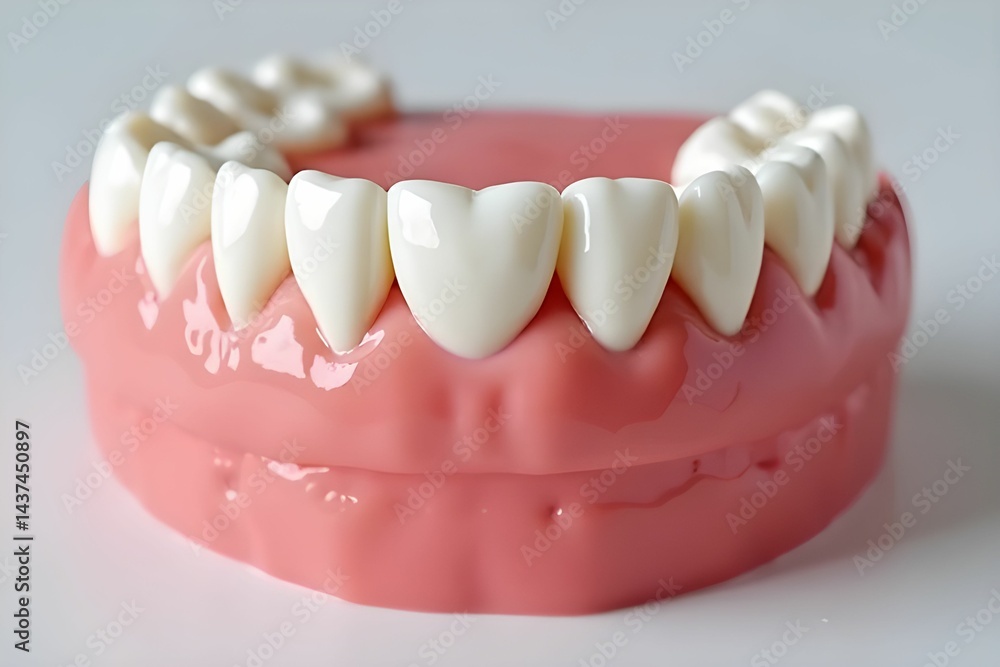 Obraz premium Dental model showcasing a set of teeth. The model features realistic, glossy gums and perfectly aligned, white teeth. Oral health, dental hygiene, and cosmetic dentistry concept