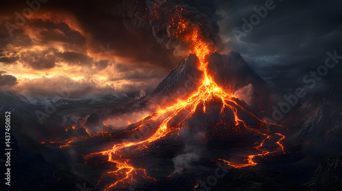 Wallpaper Mural A massive volcanic eruption with rivers of molten lava cascading down a mountain. Torontodigital.ca