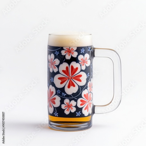 A vibrant floral beer mug filled with frothy beer, perfect for celebration or relaxation.
