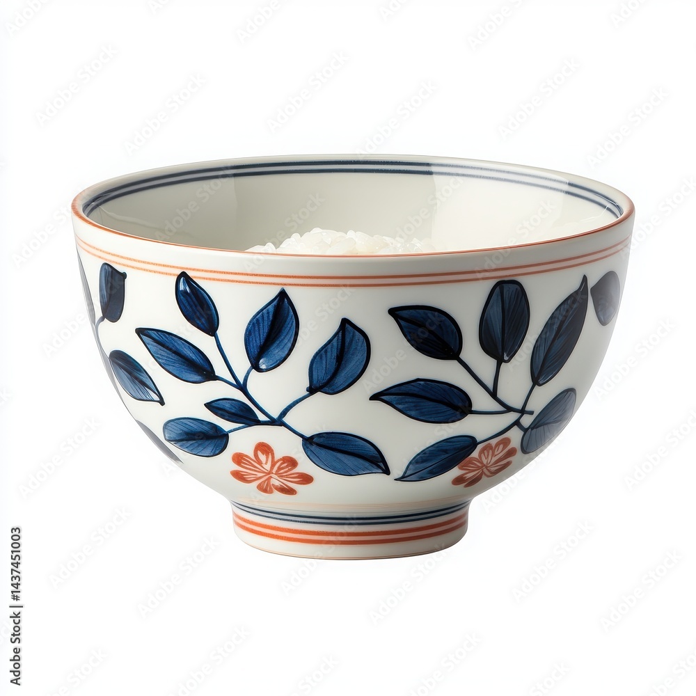 Elegant ceramic bowl filled with fluffy white rice, adorned with floral patterns.