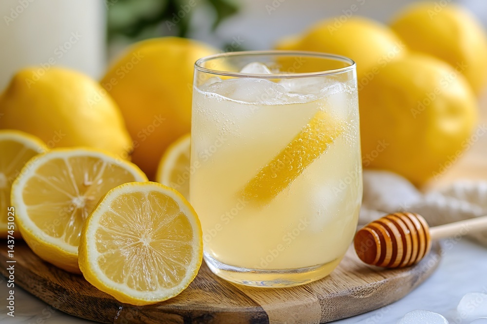 A glass of freshly squeezed lemon juice with a touch of honey, served over ice A glass of freshly squeezed lemon juice with a touch of honey, served over ice
