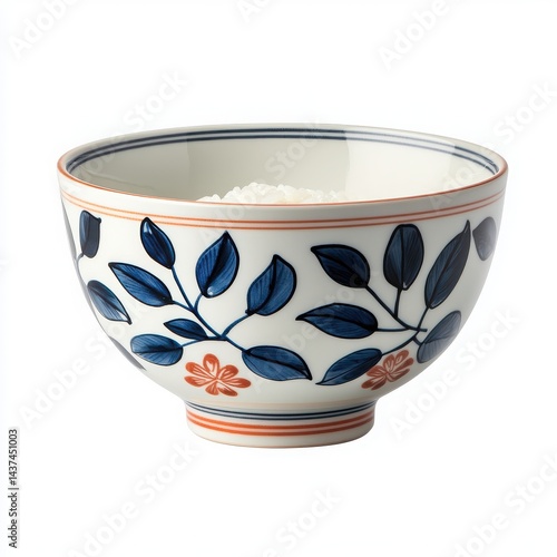 Obraz na płótnie Elegant ceramic bowl filled with fluffy white rice, adorned with floral patterns. w salonie
