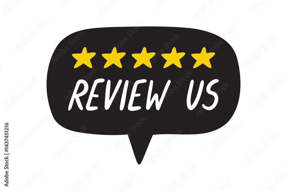 Fototapeta premium Review us speech bubble lettering doodle hand drawn text. Review us Vector illustration on white background.