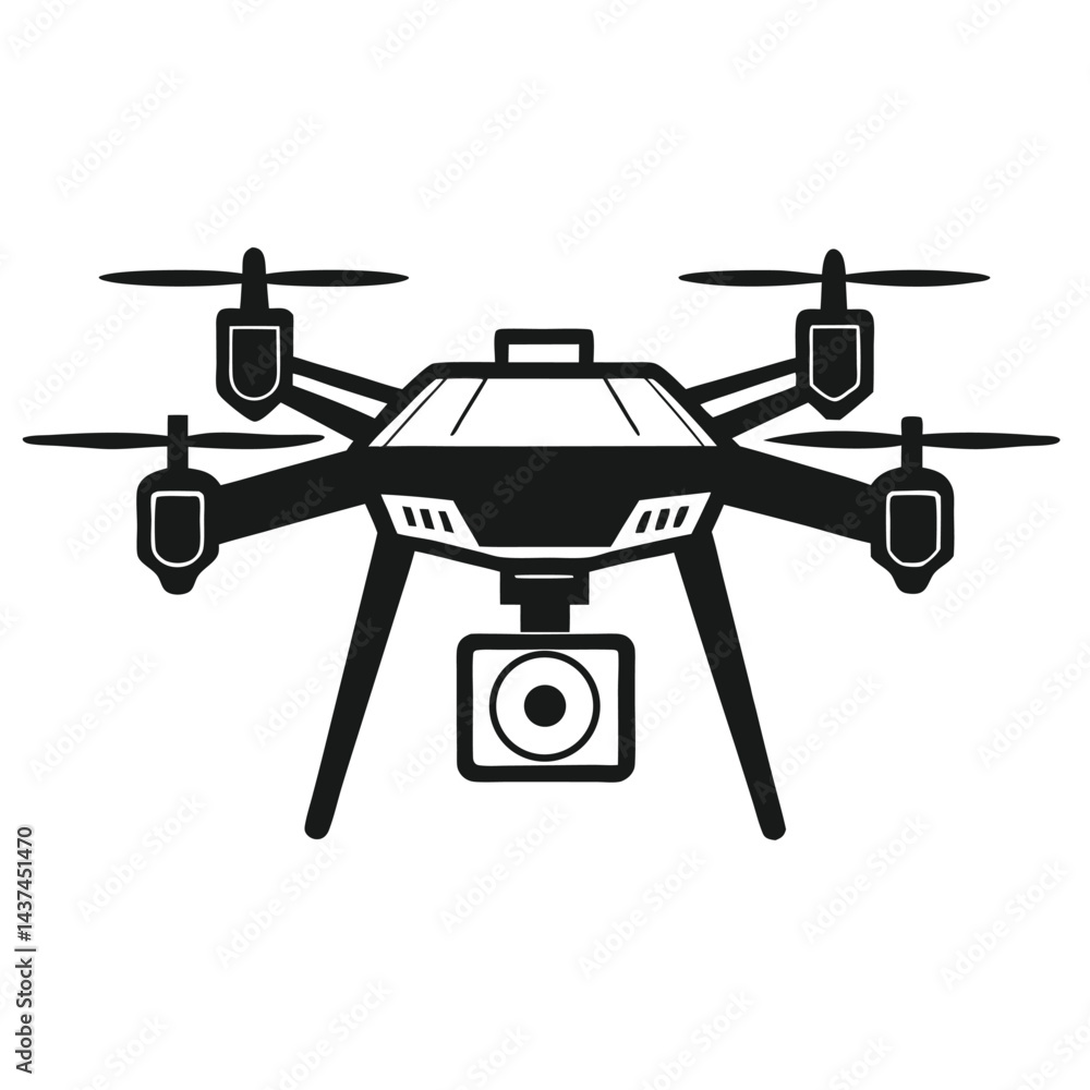 Drone Silhouette with Camera Isolated on White. Modern Quadcopter Black and White Style Drone Silhouette with Camera Isolated on White. Modern Quadcopter Black and White Style