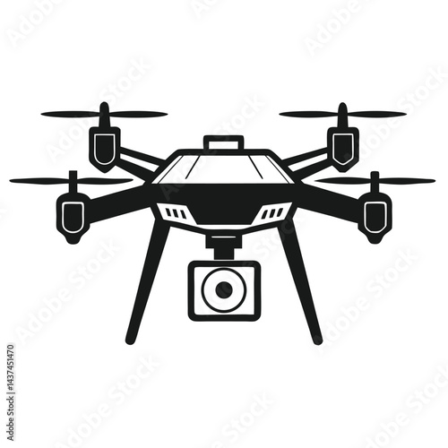 Drone Silhouette with Camera Isolated on White. Modern Quadcopter Black and White Style