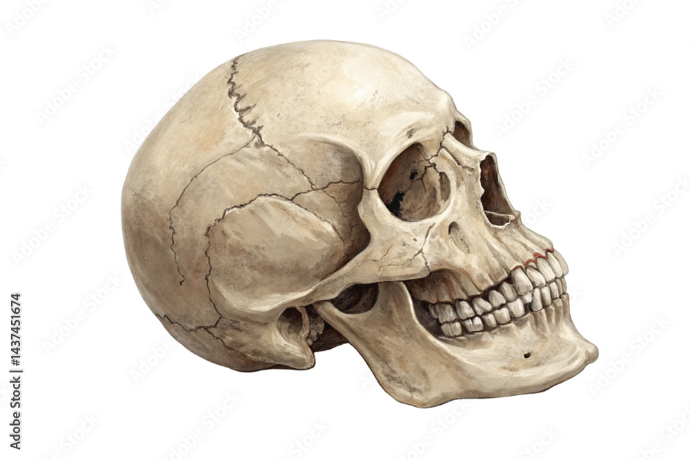 Isolated on white, a human skull bone, representing death and anatomy, shows its cranium and teeth, evoking a scary, spooky, and medical object Isolated on white, a human skull bone, representing death and anatomy, shows its cranium and teeth, evoking a scary, spooky, and medical object