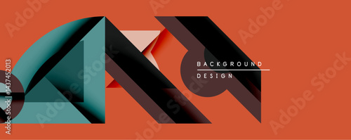 Abstract geometric composition. Overlapping shapes create dynamic visual effect. Warm orange backdrop contrasts cool teal, black, red elements. Modern design aesthetic.