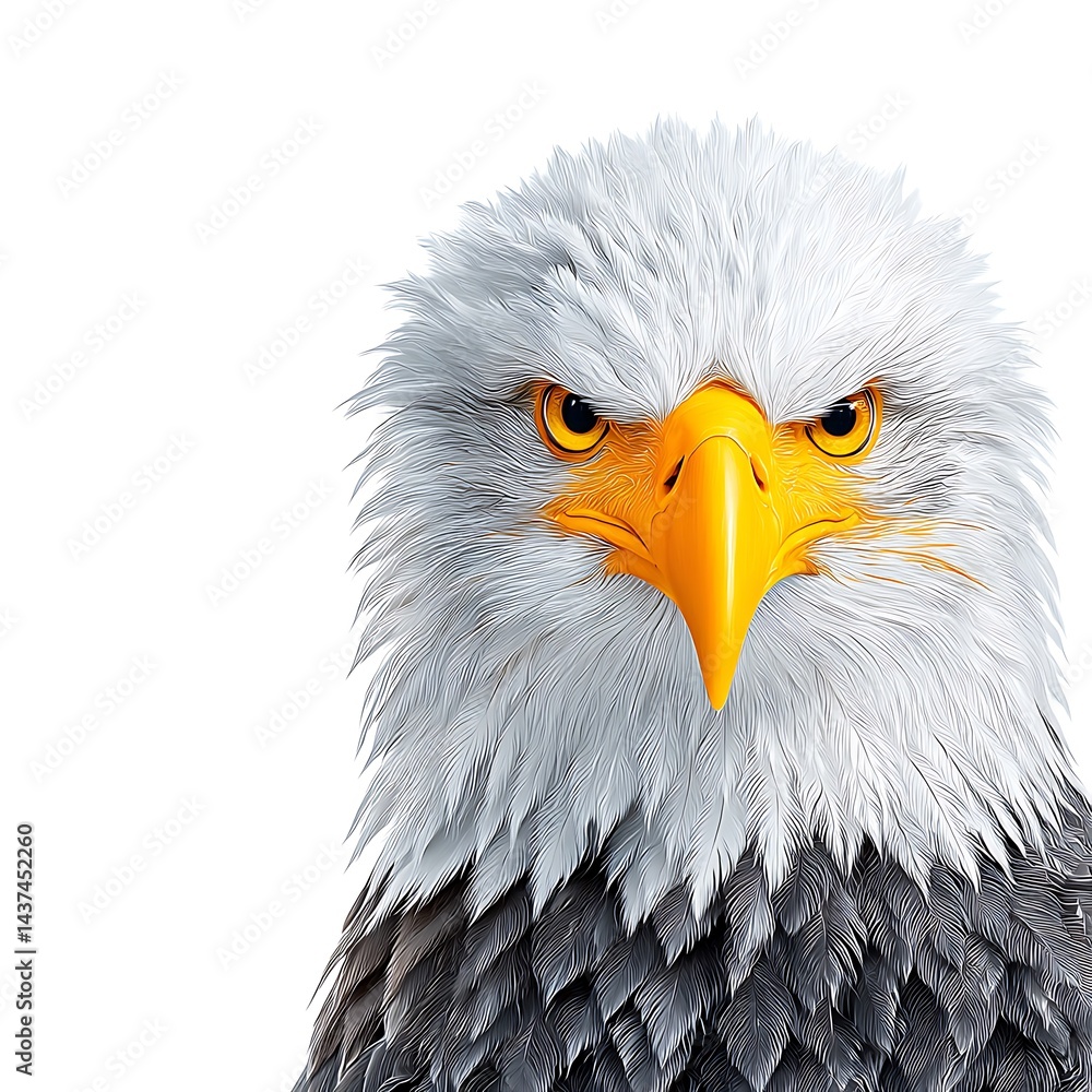 Fototapeta premium A close-up portrait of a bald eagle with a sharp, intense gaze. Its white head and yellow beak stand out against a white background