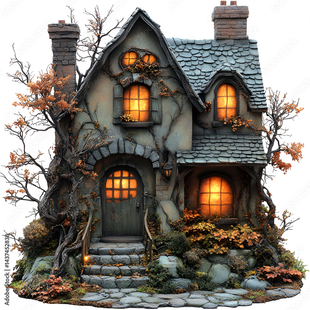 Fototapeta premium Antique style decorative miniature house with lit windows