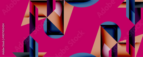 Abstract geometric composition. Bold shapes overlap, creating dynamic visual effect. Pink background contrasts with bronze, navy elements. Modern design, clean lines, vibrant colors.