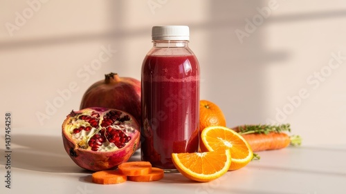 Pomegranate and carrot juice bottle with fruits on beige studio background
