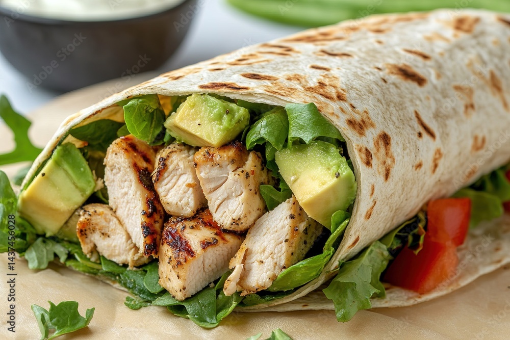 A healthy wrap filled with grilled chicken, avocado, mixed greens, and a yogurt dressing A healthy wrap filled with grilled chicken, avocado, mixed greens, and a yogurt dressing