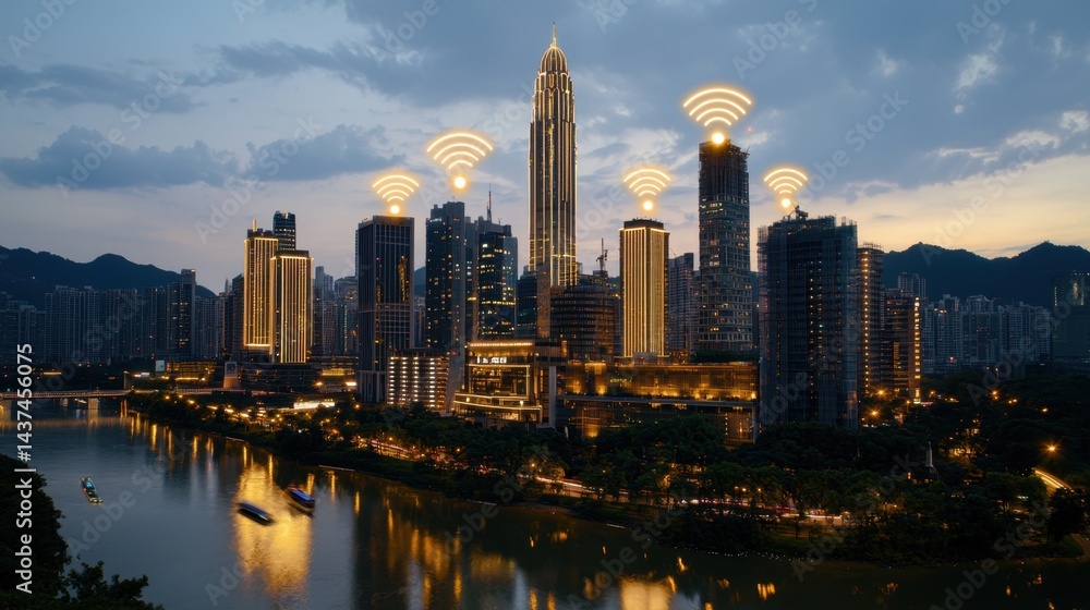 Obraz premium Aerial view of futuristic smart city with glowing 5G signal waves and Wi-Fi icons above buildings