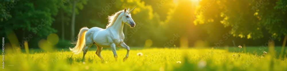 Obraz premium Majestic white unicorn stallion prances in a lush green meadow, its horn shining brightly under the sun , White, Meadow, Wildlife