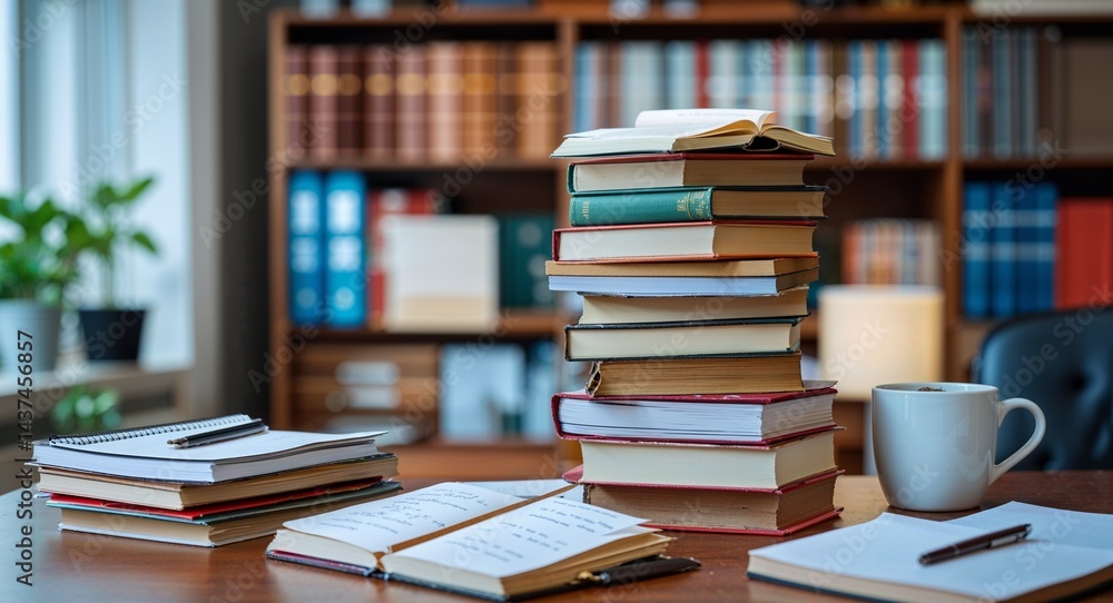Stack of books with notepads and a coffee mug on office table background Stack of books with notepads and a coffee mug on office table background