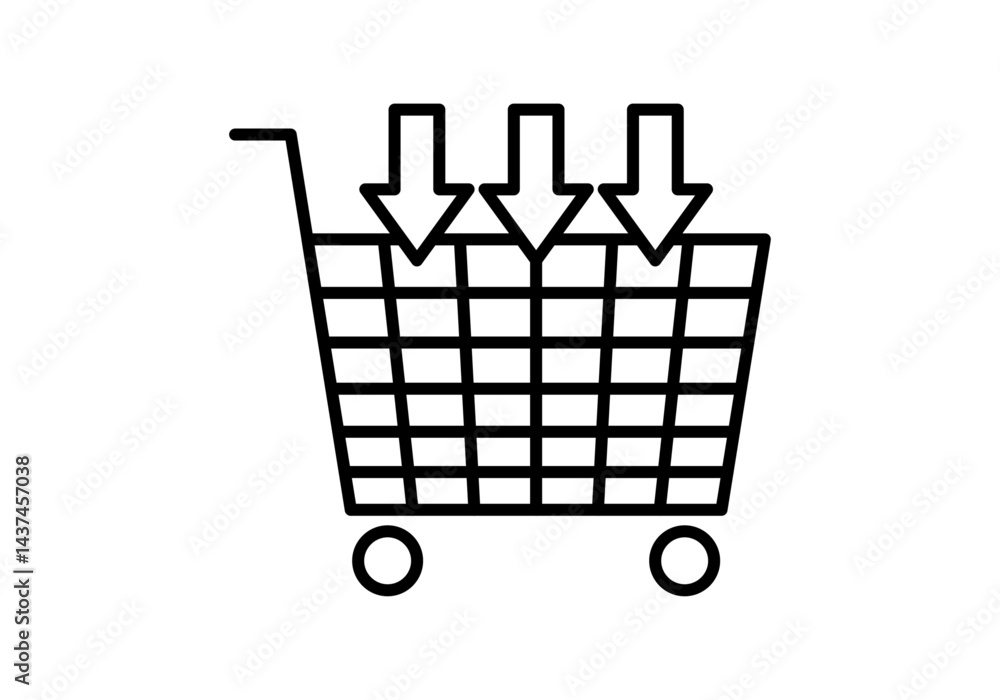 Icono negro de carrito de la compra con flechas hacia abajo representando compra Icono negro de carrito de la compra con flechas hacia abajo representando compra
