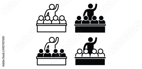 Speaker and Audience Raising Hands During a Meeting Illustration Black and White Color Vector Design