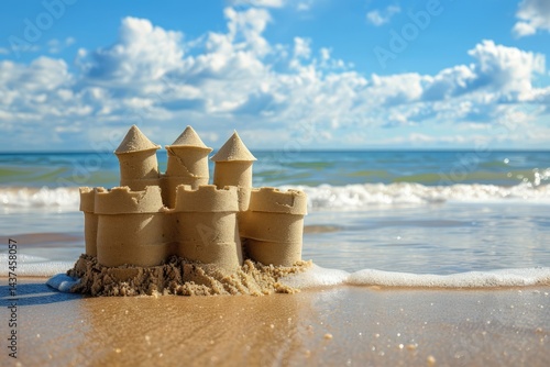 A charming sandcastle stands proudly on a sunny beach, waves gently lapping at its base, a delightful summer scene photo
