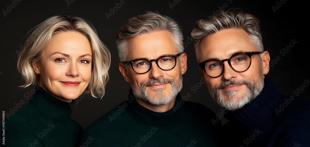 Three Individuals Pose Together, Showcasing Their Stylish Attire and Confident Expressions Against a Dark Backdrop Three Individuals Pose Together, Showcasing Their Stylish Attire and Confident Expressions Against a Dark Backdrop