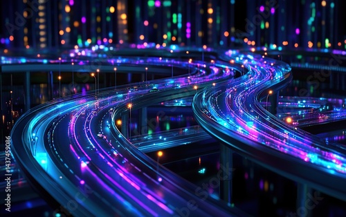 Futuristic city highway network with vibrant glowing light trails