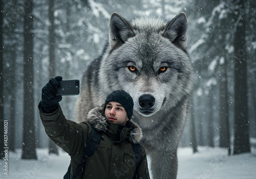 An Influencer taking a Selfie with a Majestic Dire Wolf in a Snowy Forest