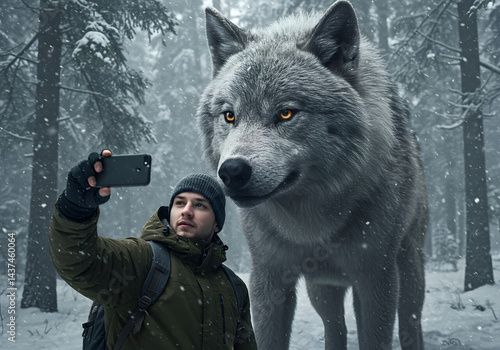 An Influencer taking a Selfie with a Majestic Dire Wolf in a Snowy Forest